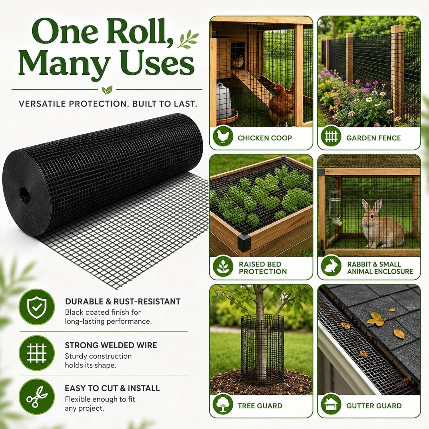 Black Hardware Cloth 1/2 in. x 4 ft. x 100 ft. 19-Gauge | Vinyl Coated Chicken Wire Mesh Roll, Chicken Wire Fencing, Garden Fencing, Rat Wire, Gopher Mesh
