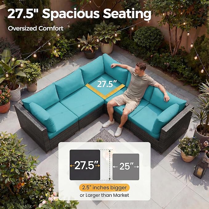 NICESOUL 8 People Outdoor Seating Furniture, 29.3'' High Back Comfortable Wicker Patio Sectional Sofas with Ottoman, Deep Seats Oversized Conversations for Exteriors, 2 Color Cushion Turquoise & Gray