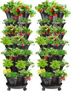 7 Tiered Strawberry Vertical Planter 2 Pack, Stackable Tower Garden Planter Herb Garden Planter with Movable Casters and Bottom Saucer Indoor and Outdoor - Black