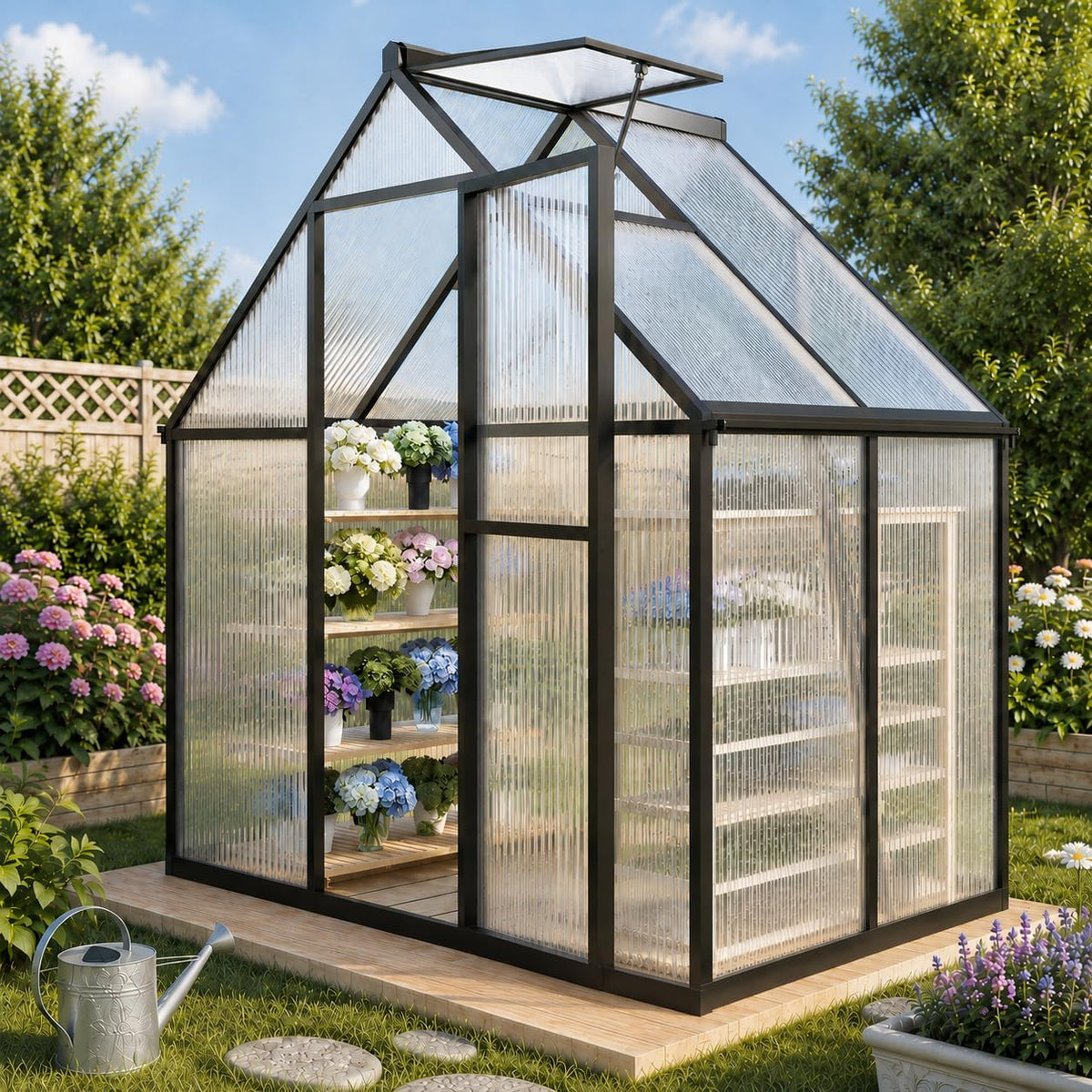 6x4ft outdoor greenhouse with roof vent, charcoal black, main product view