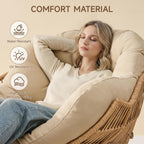 Papasan Rocking Chair with Ottoman, Oversized Papasan Chair, Beige | Indoor & Outdoor Rocker Chair with Padded Cushion for Living Room, Patio, Garden