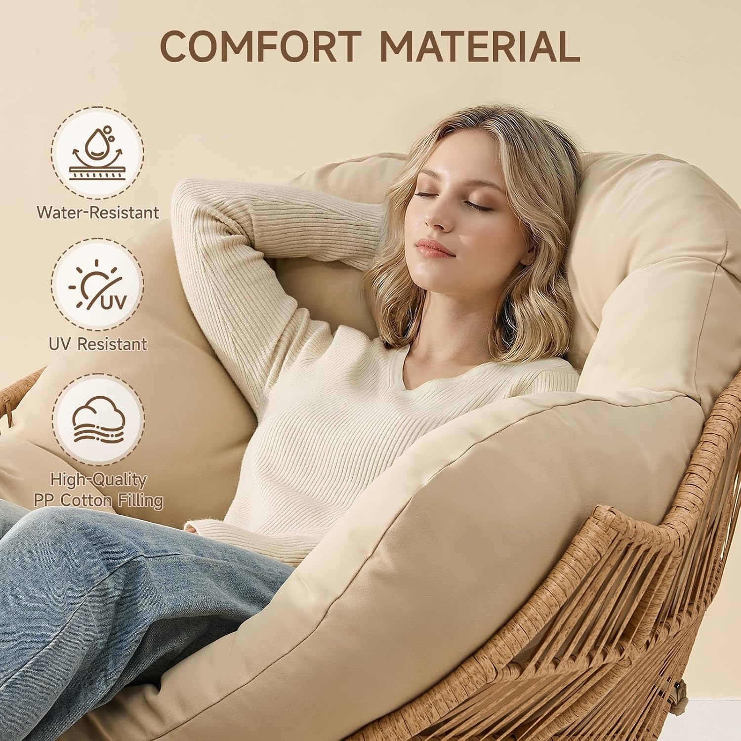 Papasan Rocking Chair with Ottoman, Oversized Papasan Chair, Beige | Indoor & Outdoor Rocker Chair with Padded Cushion for Living Room, Patio, Garden