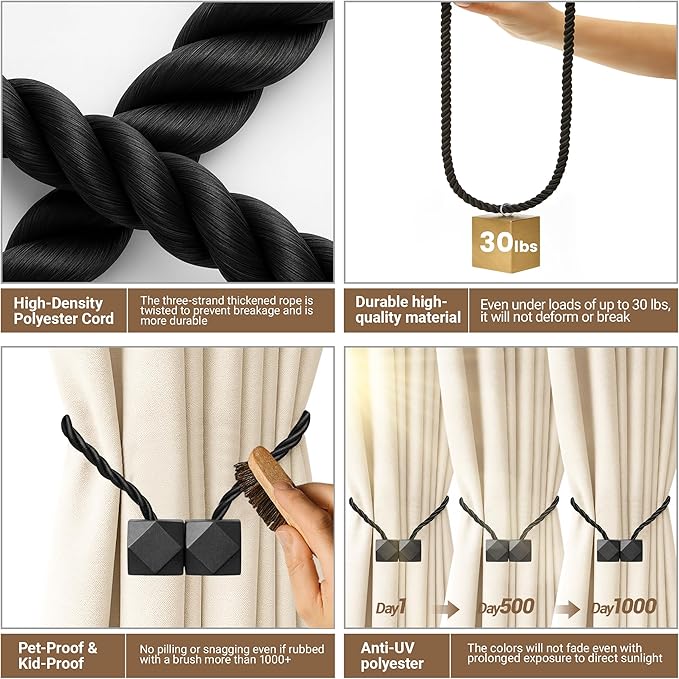 Hion Magnetic Curtain Tiebacks Black 6 Pack, Curtain Tiebacks Buckles Holdbacks Holders Hooks Clip for Home Bedroom Office Decorative Thick or Thin Curtain