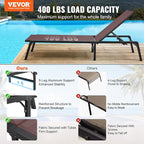 VEVOR 2 Pcs Chaise Lounge Chairs Outdoor, Aluminum Patio Lounge Chair with Adjustable 5-Position, Folding Pool Chairs Recliner and Full Flat Tanning Chair for Patio, Beach, Pool, Brown, 2 pcs