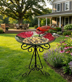 Large Glass Bird Bath with Metal Stand, Hummingbird | 18" Wide Bowl, 3.2" Bathing Depth, Thick Glass Construction, Stable 3-Leg Base, Easy Clean Surface, Garden Decor