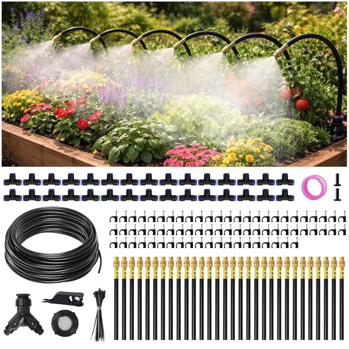 100ft drip irrigation system kit dual-zone garden atomizing, main product view