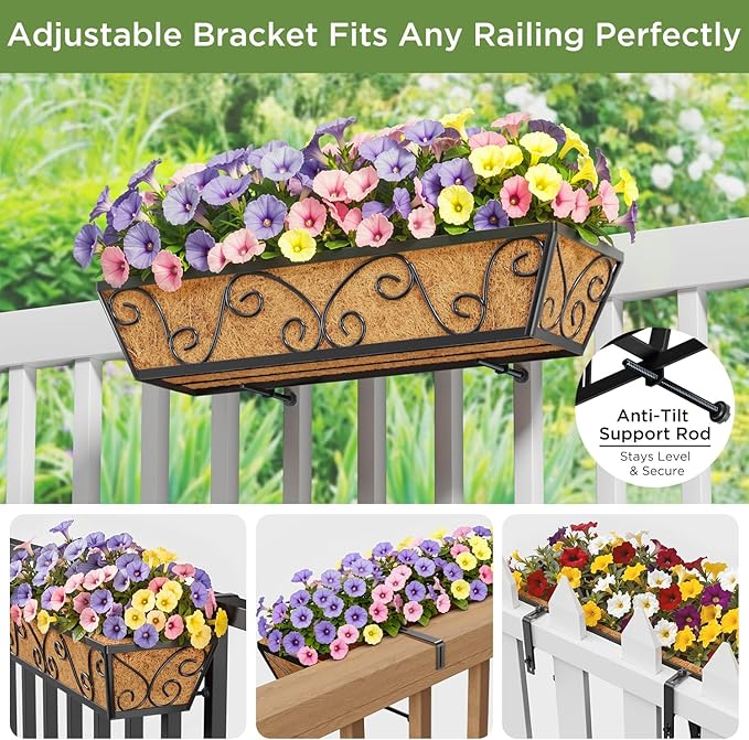 Y&M 24 Inch Window Deck with Coco Liner, Fence Metal Hanging Flower Planter Window Basket Deck Railing Planter Boxes for Outdoor Garden Lawn-Butterfly, 6pcs