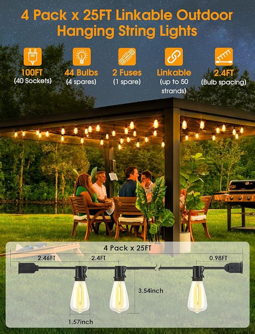 100FT(4x25FT) Outdoor String Lights, Patio Lights with 40+4 LED Dimmable Waterproof Linkable ST38 Edison Bulbs for Gazebo Camping Party, Black