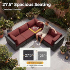 NICESOUL 7 Piece Outdoor Patio Furniture with Firepit Table Natural Gas & Propane Convertible, 29.3'' High Back L Shaped Couch Sectional, Extra Large Rattan Patio Modular Set for Backyard, Burgundy