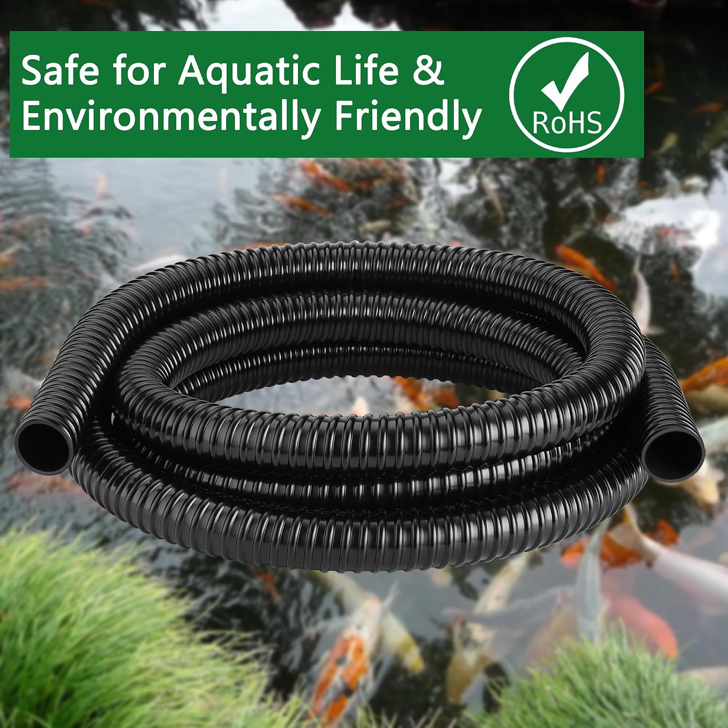 1/2 Inch Pond Tubing – 10ft Heavy Duty PVC Corrugated Pond Hose with 2 Stainless Steel Hose Clamps, Kink-Proof Black Pump Tubing for Garden Ponds, Waterfalls, Filters & Drainage