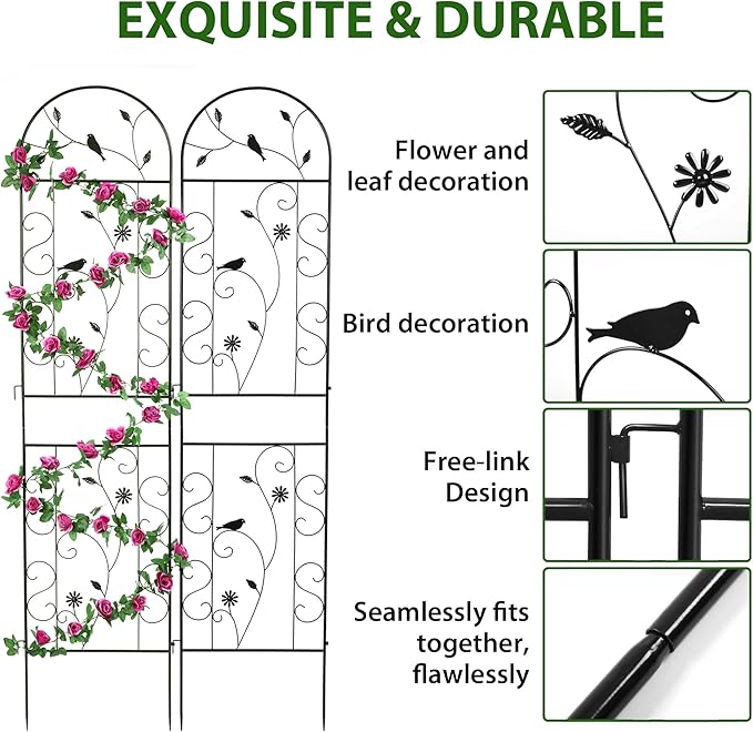 Metal Garden Trellis for Climbing Plants, 4 Pack 86.5" x 19.7" Black Plant Trellis Outdoor, Clematis Rrellis Outdoor, Arched Decoration Suitable for lawns, Gard, Black