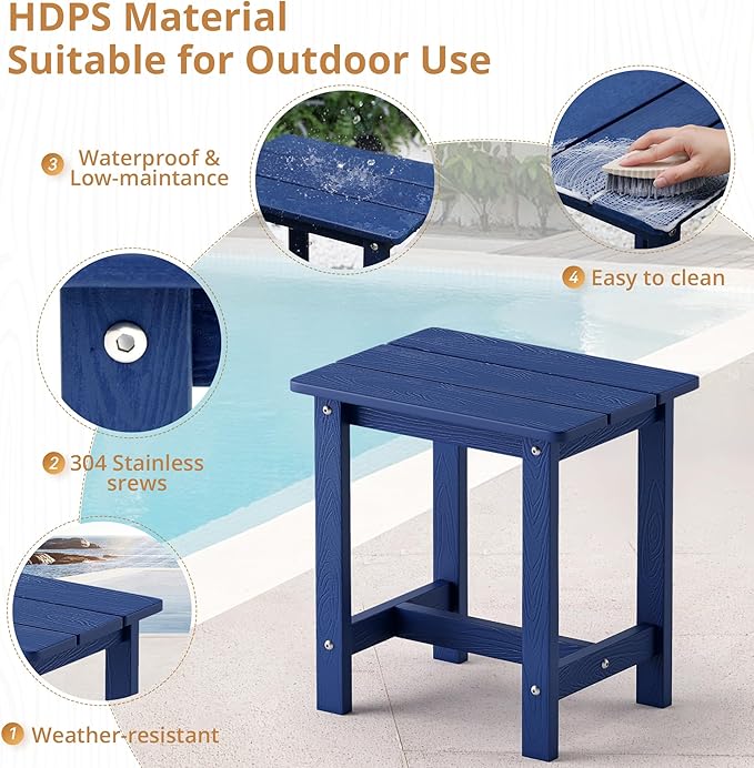 LUE BONA Outdoor Side Table, HDPS Small Outdoor Table, Adirondack Side Table, Outside End Table for Patio, Porch, Deck, Pool, Weather Resistant/Easy Maintenance/Indoor or Outside Use, Navy