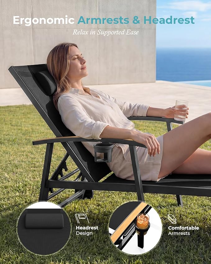 Ciokea Outdoor Lounge Chair with Pillow, 5-Position Aluminum Chaise Lounge with Wheels & Armrests, 400 lbs Heavy Duty Patio Pool Chair for Deck, Backyard, Beach & Poolside, Black