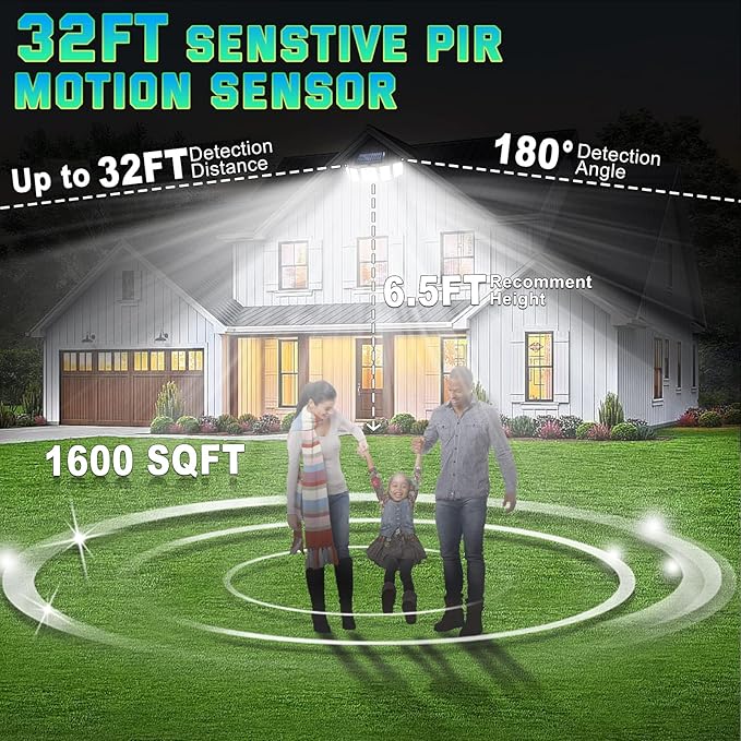 Solar Lights Outdoor Waterproof Motion Sensor - 416 LEDs 3000 Lumens Super Bright 3 Brightness 3 Modes 2400mAh 360° Illumination 32ft Solar Flood Security Light for Outside (‎With Remote Control, 1)