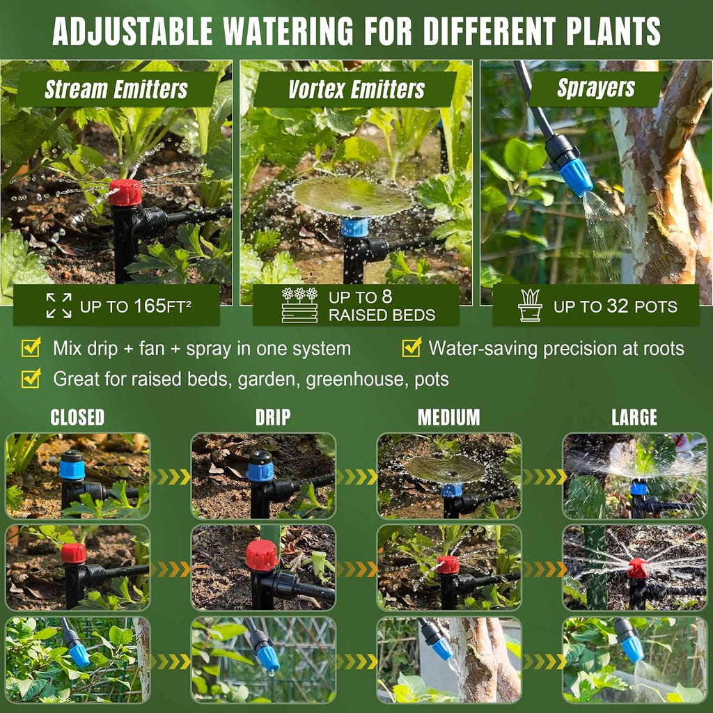 Push-to-Connect Drip Irrigation System Kit, 2-Zone Garden Watering System with 50FT 1/2" Mainline, Leak-Resistant Quick Connect Fittings, Adjustable Emitters for Raised Beds, Greenhouse