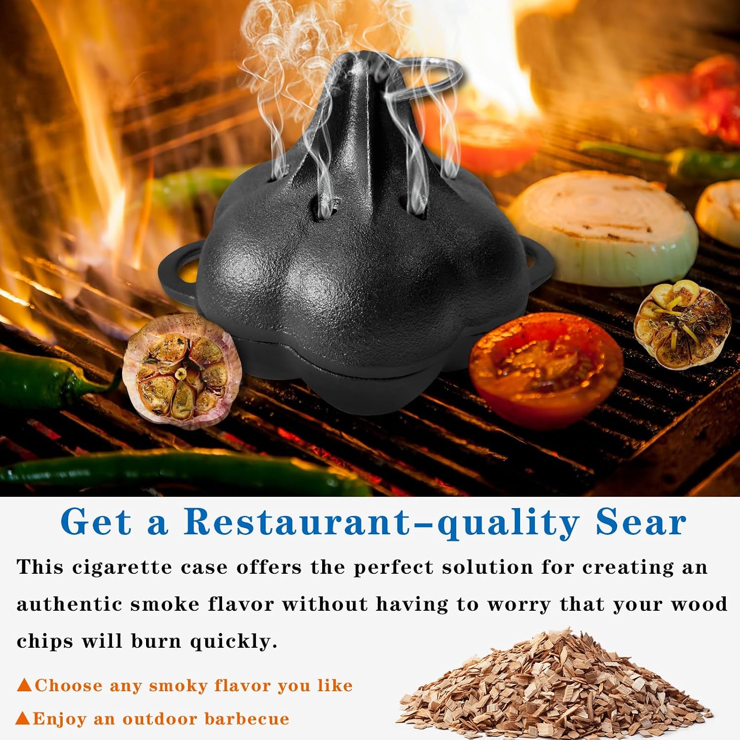 Pre-Seasoned Cast Iron Smoker & Garlic Roaster with Airflow Lid | Wood Chip Smoker Box for BBQ, Oven, Smoky Vegetables & Meats, Grill Smoker Boxes
