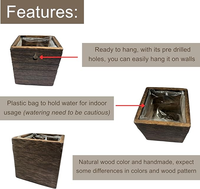 LaLaGreen Wood Planter Boxes (4x4 Inch, 4 Pack) Small Square Wooden Wall Mounted Flower Pot for Indoor Plants, Window Box Mount Hanging Herb Planters Outdoor Plant Holder Vertical Garden Home Decor