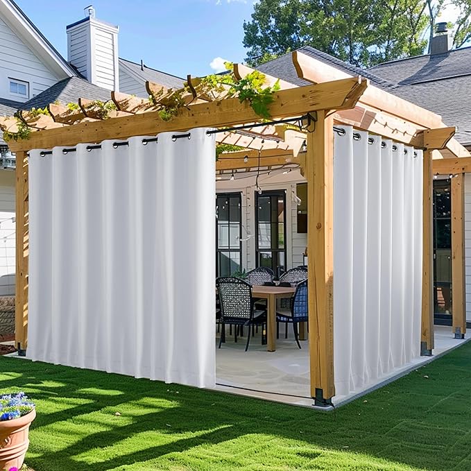 NICETOWN 2 Panels Windproof Outdoor Curtains for Patio Waterproof, Extra Wide Grommet & Back Tab on Top & Bottom Thermal Insulated Sun Blocking Drapes with Rope for Deck, Greyish White, W100 x L84