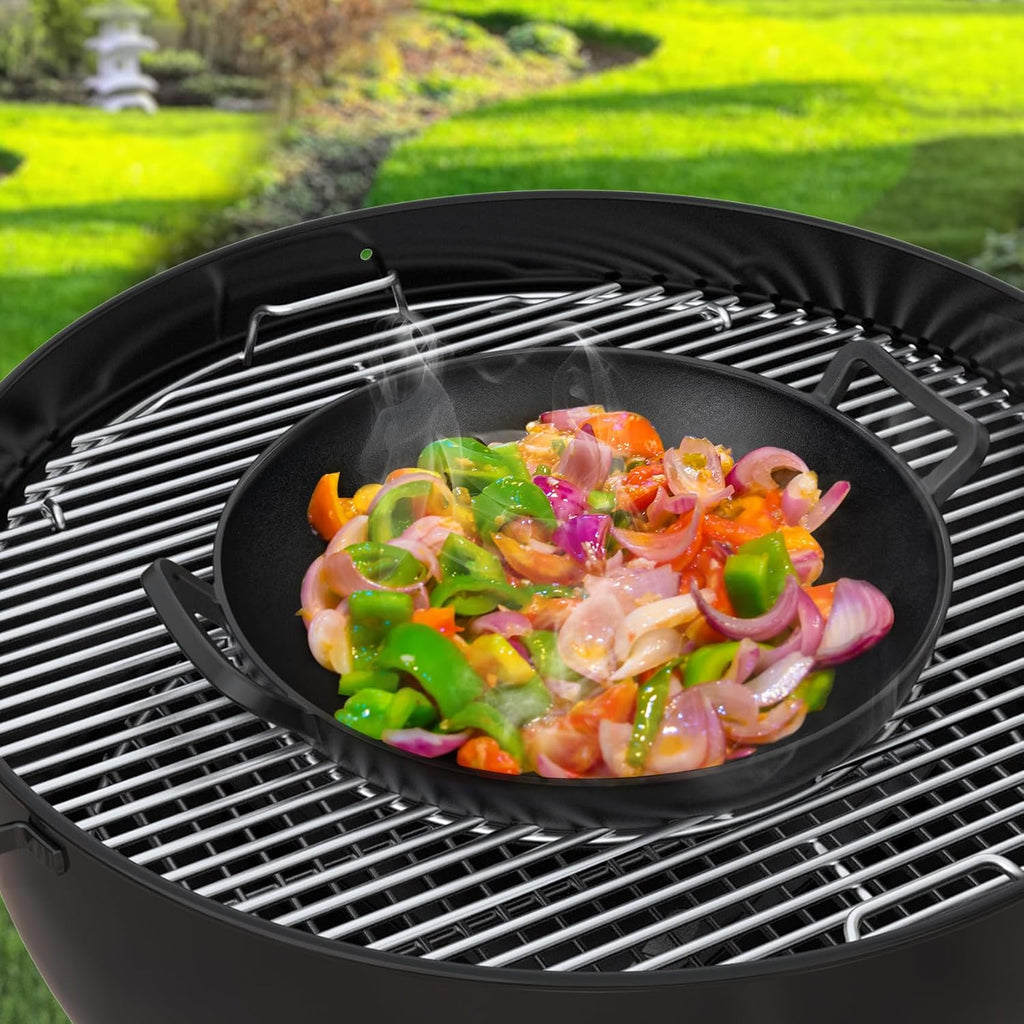 Charkettle 14" Cast Iron Wok with Handles for Gourmet BBQ System Grill | Maintains Food Flavor, Pre-Seasoned, Nonstick, Compatible with Weber Gourmet BBQ System, Campfire and Rocket Stove Use