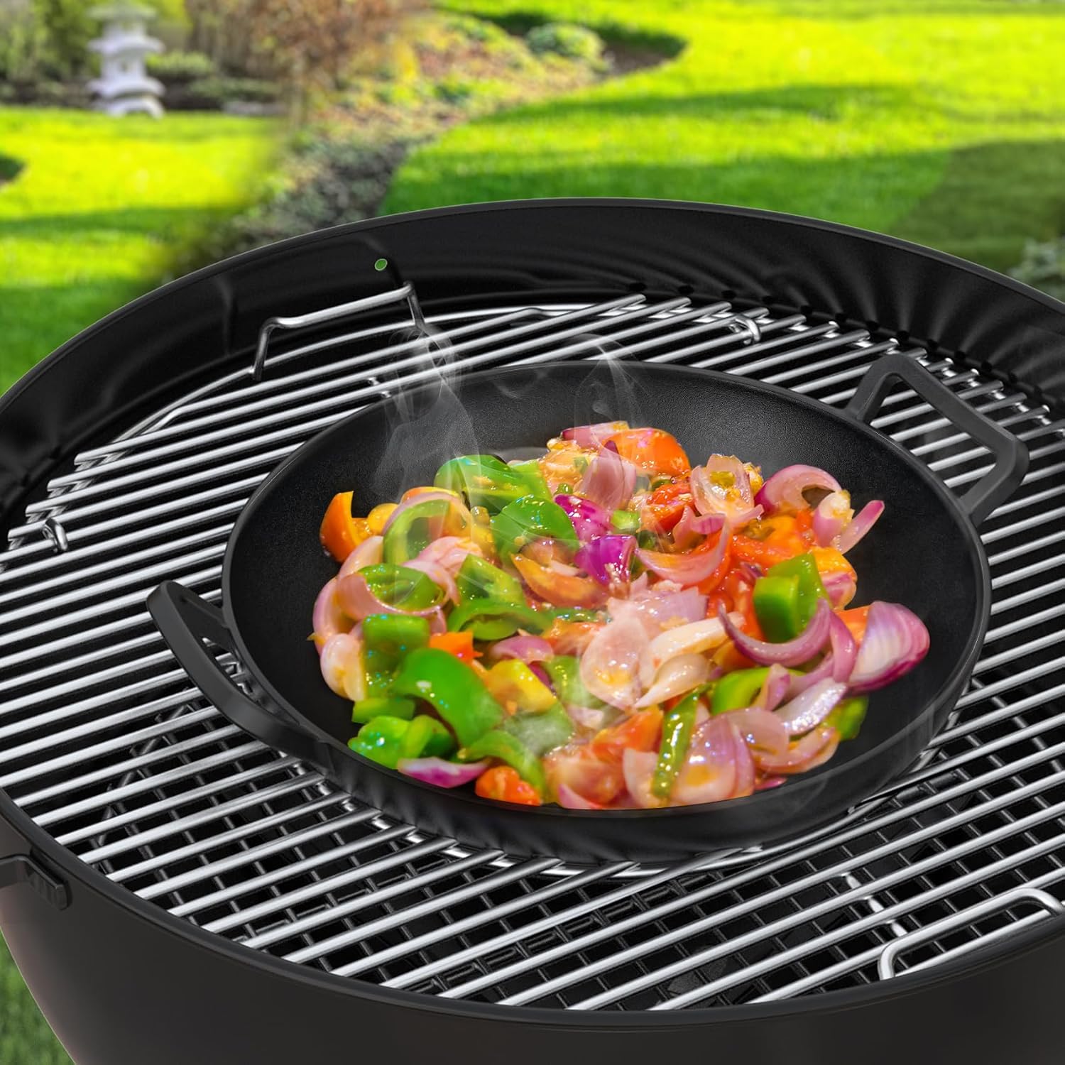 Charkettle 14" Cast Iron Wok with Handles for Gourmet BBQ System Grill | Maintains Food Flavor, Pre-Seasoned, Nonstick, Compatible with Weber Gourmet BBQ System, Campfire and Rocket Stove Use