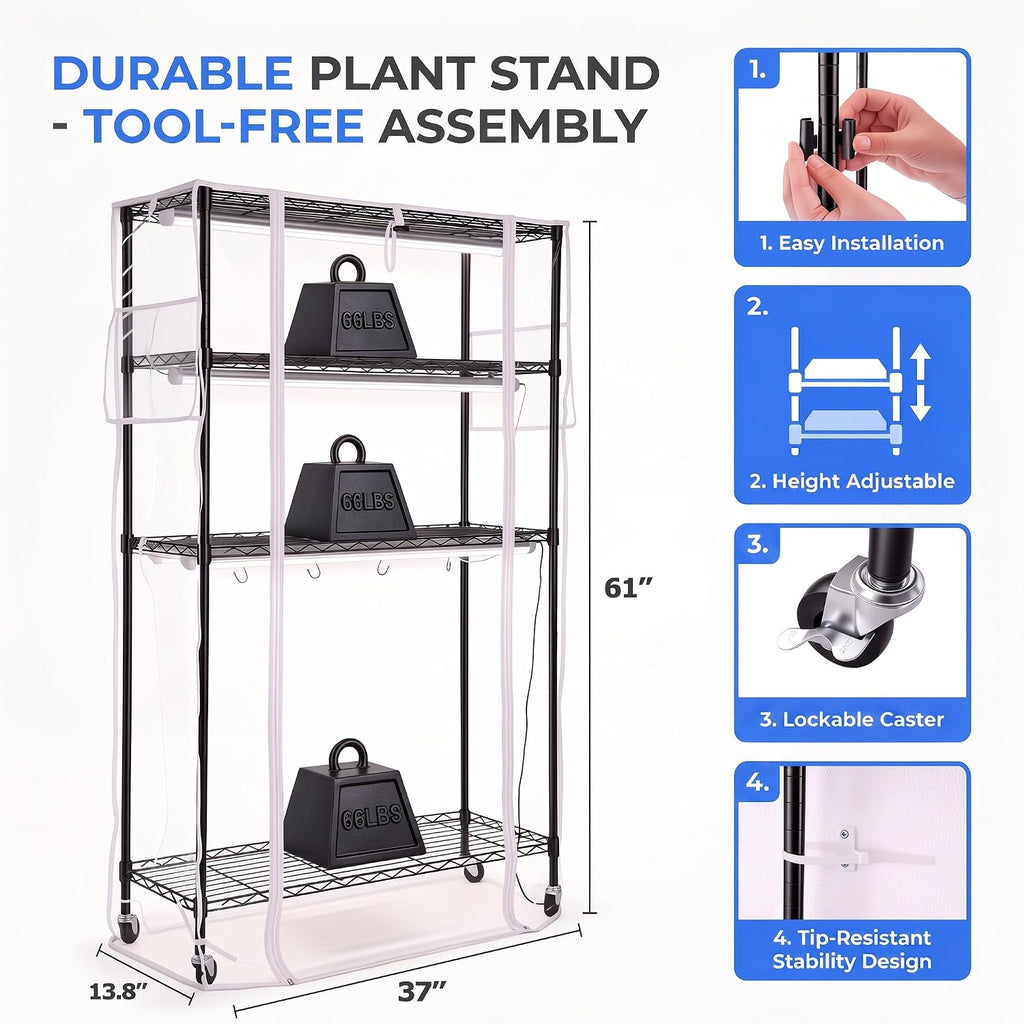 hikole indoor greenhouse with grow light, 4 tier, side view
