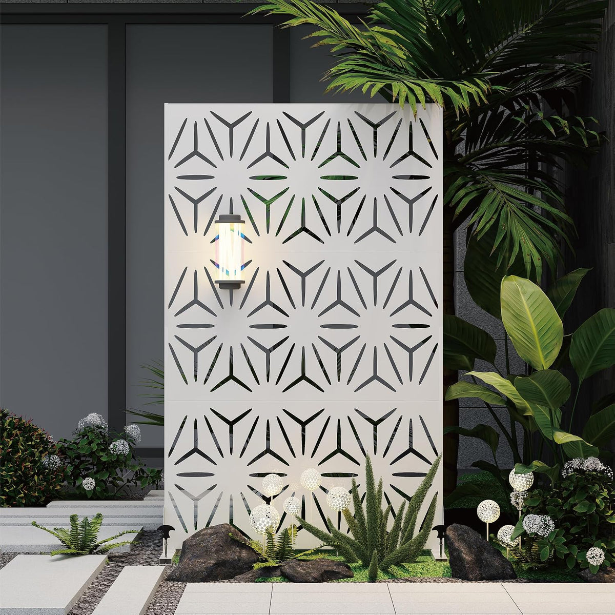 qinptwut 72" metal privacy screen, outdoor freestanding privacy shown in use