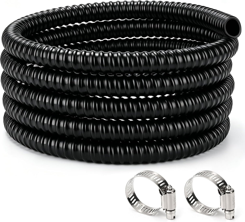 1/2 Inch Pond Tubing – 10ft Heavy Duty PVC Corrugated Pond Hose with 2 Stainless Steel Hose Clamps, Kink-Proof Black Pump Tubing for Garden Ponds, Waterfalls, Filters & Drainage