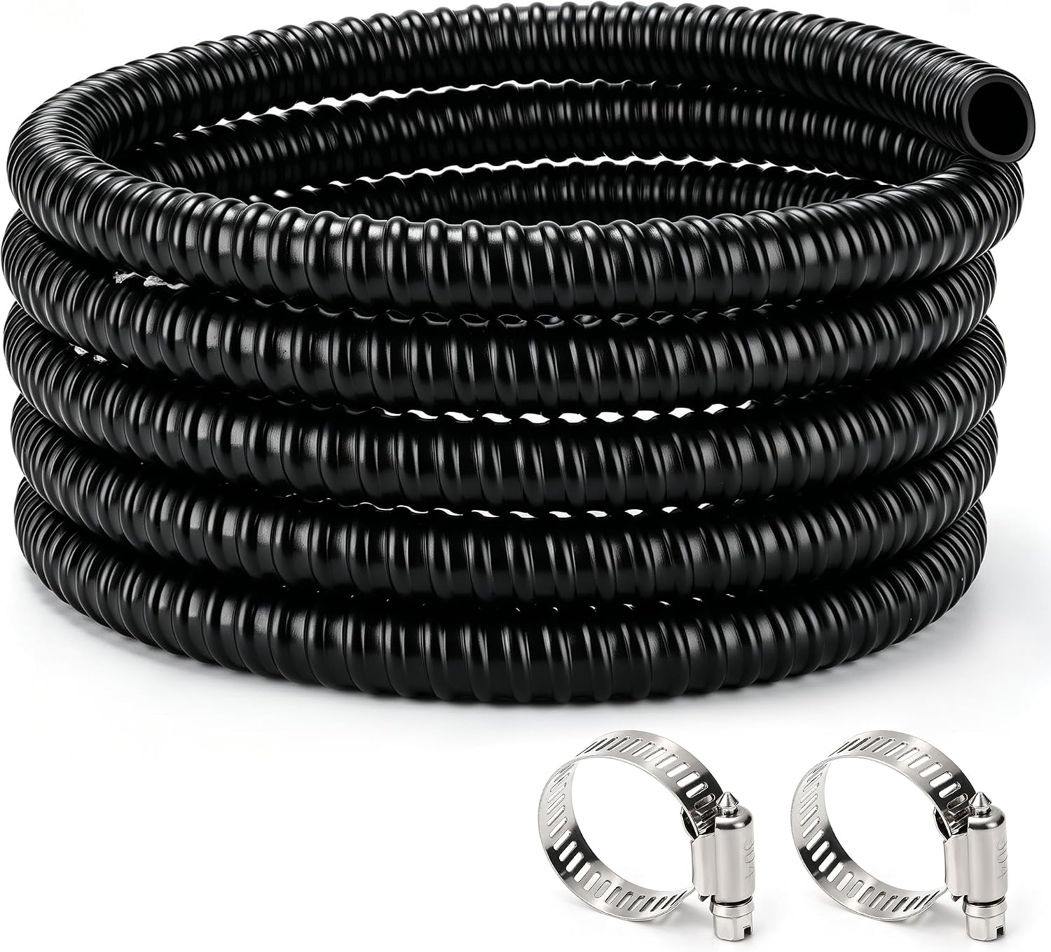 1/2 Inch Pond Tubing – 10ft Heavy Duty PVC Corrugated Pond Hose with 2 Stainless Steel Hose Clamps, Kink-Proof Black Pump Tubing for Garden Ponds, Waterfalls, Filters & Drainage