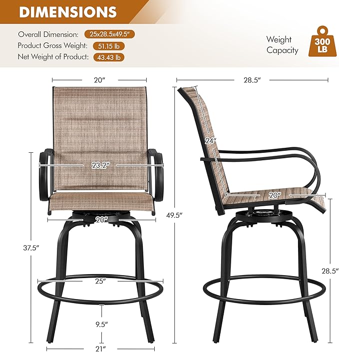 Yaheetech 4 Piece Patio Swivel Bar Stools Texteline Bistro Chairs with High Back/Armrest/Footrest, All Weather Padded Seating Outdoor Furniture Height Outdoor Chairs for Outside, Lawn & Garden