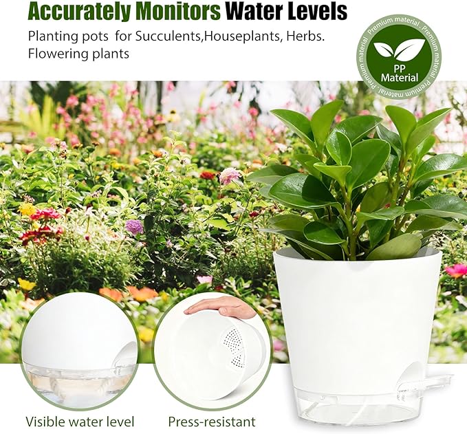 Plant Pots 7 Inch Self Watering Pots, 6 Pack Plastic Planters with Drainage Holes and Clear Saucers,Plastic Flower Pots for Indoor Out Door Plants(White)