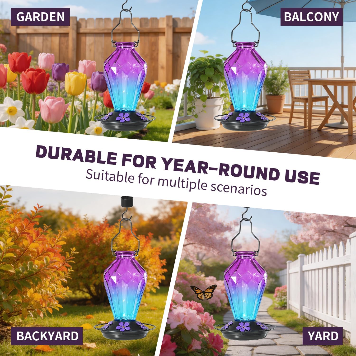 Glass Hummingbird Feeder for Outdoors Hanging, 25Oz Humming Bird Nectar Feeder, Perch, 5 Flower Feeding Ports, Leak Proof Base, Hook for Outside Garden Backyaard, Gift for Women, Diamond Purple
