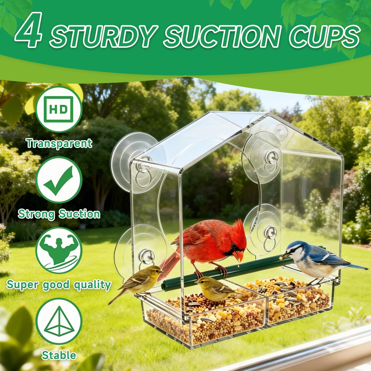 Window Mount Wild Bird Feeder Set of 3, Large & Small Seed Feeders + Hummingbird Water Station, Heavy-Duty Suction Cups, Easy Feeding & Drinking Access, Easy Install Outdoor Bird Watching Accessory