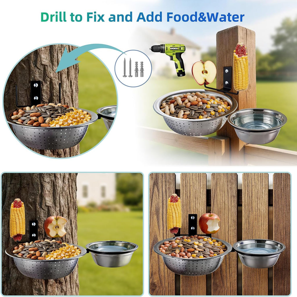 2 Bowls Squirrel Food&Water Feeder, Metal Chew-proof Squirrel Feeders for Outside, Picnic Table with 2 Corn Cob Holders - Removable Smart Drainage 304 Bowl+Bird Water Bowl&Seed Tray-Tree Mounted
