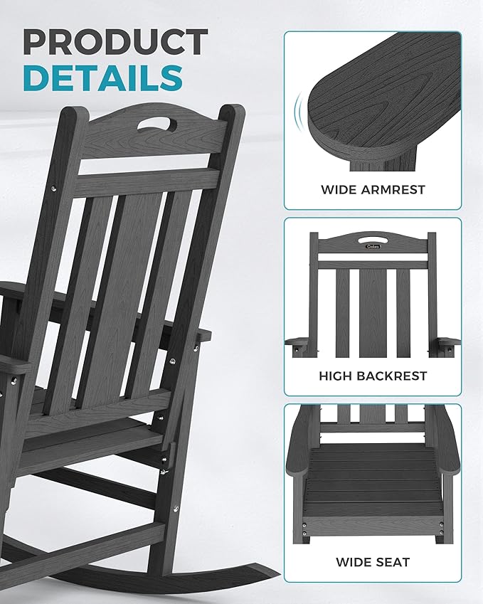 Ciokea Oversized Outdoor Rocking Chairs Set of 3, 380lbs Heavy-Duty Large Patio Rocker, High Back Cozy Porch Chairs, Weather Resistant Patio Rocking Chairs for Outside, Fire Pit, Deck, Dark Grey