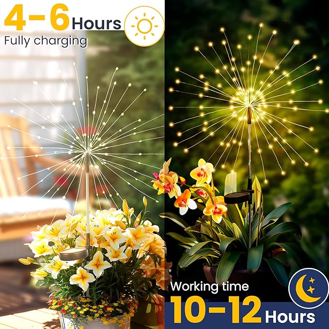 GIGALUMI Garden Decor Outdoor Lights 120LED 2Pack, Solar Garden Lights for Outside Christmas Fairy Firework Decorative,Solar Powered for Yard Pathway Flowerbed Planter Balcony Patio Decor (Warm White