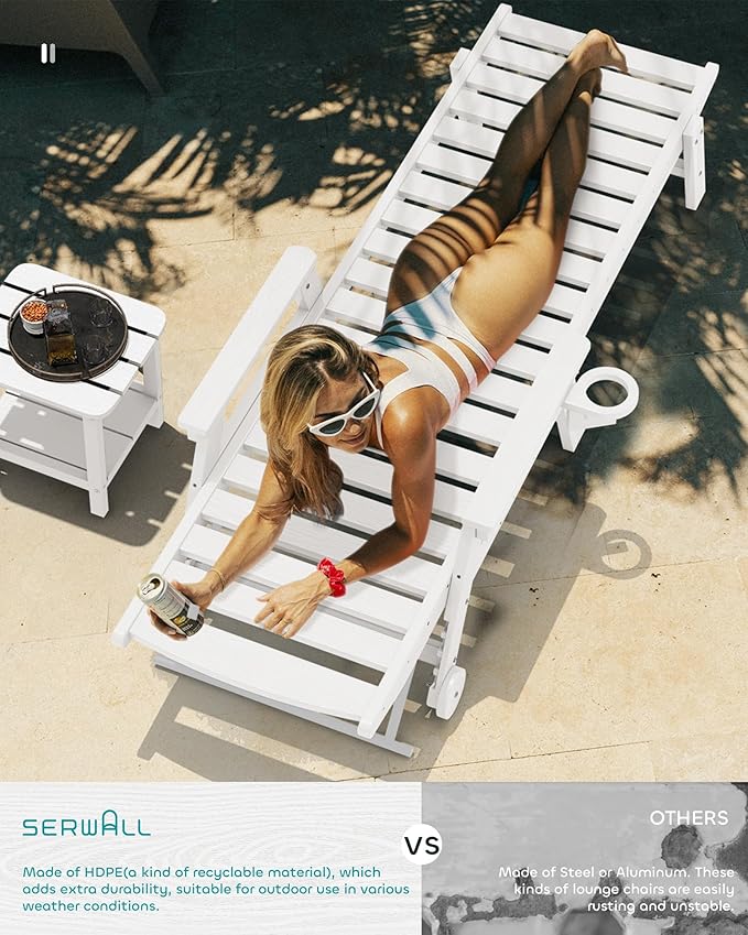 SERWALL Patio Chaise Lounge Chair Set of 2 with 9FT Patio Umbrella, 78'' HDPE Outdoor Lounger, Poly Lounge Chair with Rolling Wheels & Cup Holder for Pool,Light White (Umbreall Base not Included)
