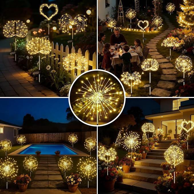 btfarm 6 Pack 120 LED Solar Garden Lights Outdoor, 8 Modes Firework Lights Solar Powered, Waterproof Twinkle Fairy Light Outside for Yard Patio Pathway Pool Christmas Party Decorative, Warm White
