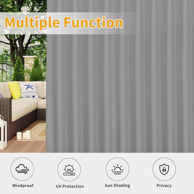 Easy-Going Outdoor Patio Curtains Detachable Tab Top Windproof Weatherproof Curtain for Cabana, Porch, Pergola and Gazebo, Tab Bottom Drape, 2 Panels, 54W x 96L inch, Light Grey