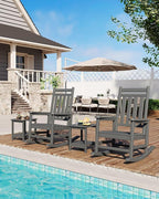 HDPE Rocking Chair Outdoor Set of 4 with 2 Side Table - Poly High Back Porch Rocker Chairs for Adults - All Weather Resistant Furniture for Patio Front Porch - Gray