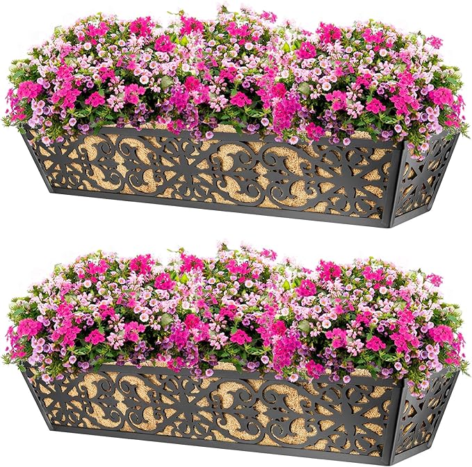 2 Pack 30 Inch Window Boxes Planters Railing Planter Box with Adjustable Brackets & Coco Liners Fabric Plant Grow Bags Deck Railing Planter Boxes Balcony Hanging Flower Box for Outdoor Plants