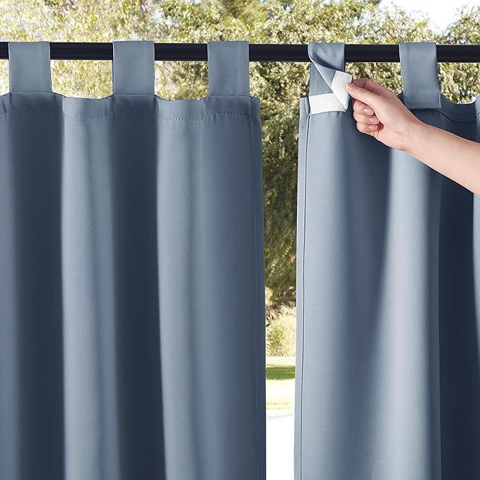 NICETOWN 2 Panels Self Stick Tab Top Outdoor Curtainss for Patio Waterproof, Indoor Outdoor Blinds Room Darkening Window Treatments Rain & Sun Blocking Drapes for Pool, W52 x L95, Stone Blue
