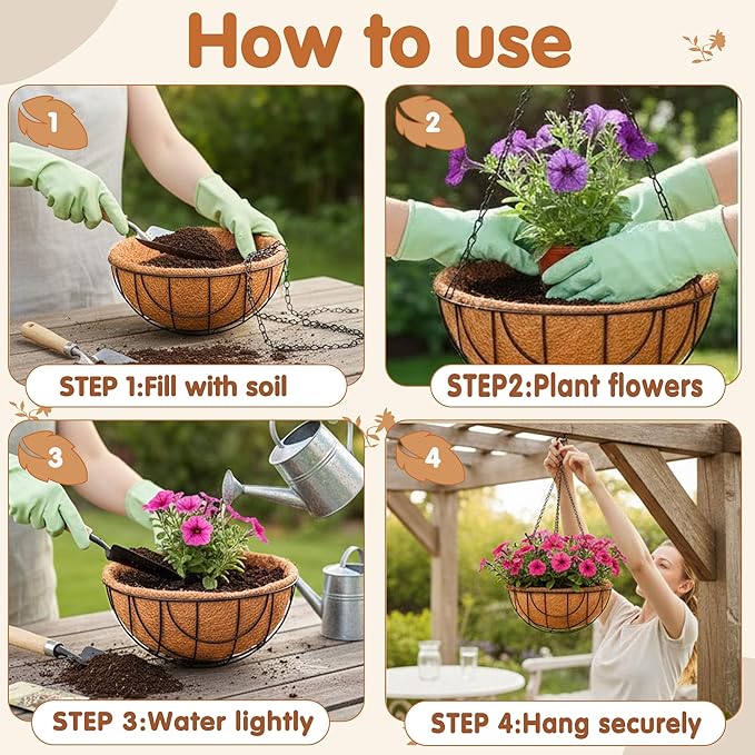 Metal Hanging Baskets for Plants Outdoor 4 Pack Round Metal Wire Hanging Basket Planter (Grid, 10 Inch)