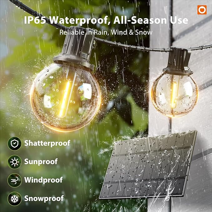 addlon 100FT Solar String Lights Outdoor with Remote, 54 LED Shatterproof Bulbs, Dimmable & Timable, 3 Light Modes, G40 Waterproof Solar String Lights for Outside Backyard Party Decor