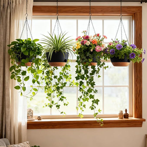 4 Pack 8 Inch Self Watering Hanging Planters for Indoor Outdoor Plants，Hanging Pots for Plants with Drainage Removable Tray, Hanging Baskets Flower Pots for Pothos Spider Garden Black with Brown