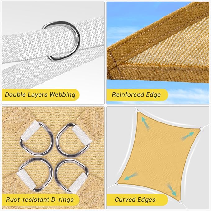 HappyTrends Sun Shade Sail,10'x 13' Heavy Duty UV Protection Beach Shade Canopy Wind Sail,Tear and Rust Resistant Patio sail Shade for Yard Deck Lawn Garden Rectangle Sunshade(Sand)