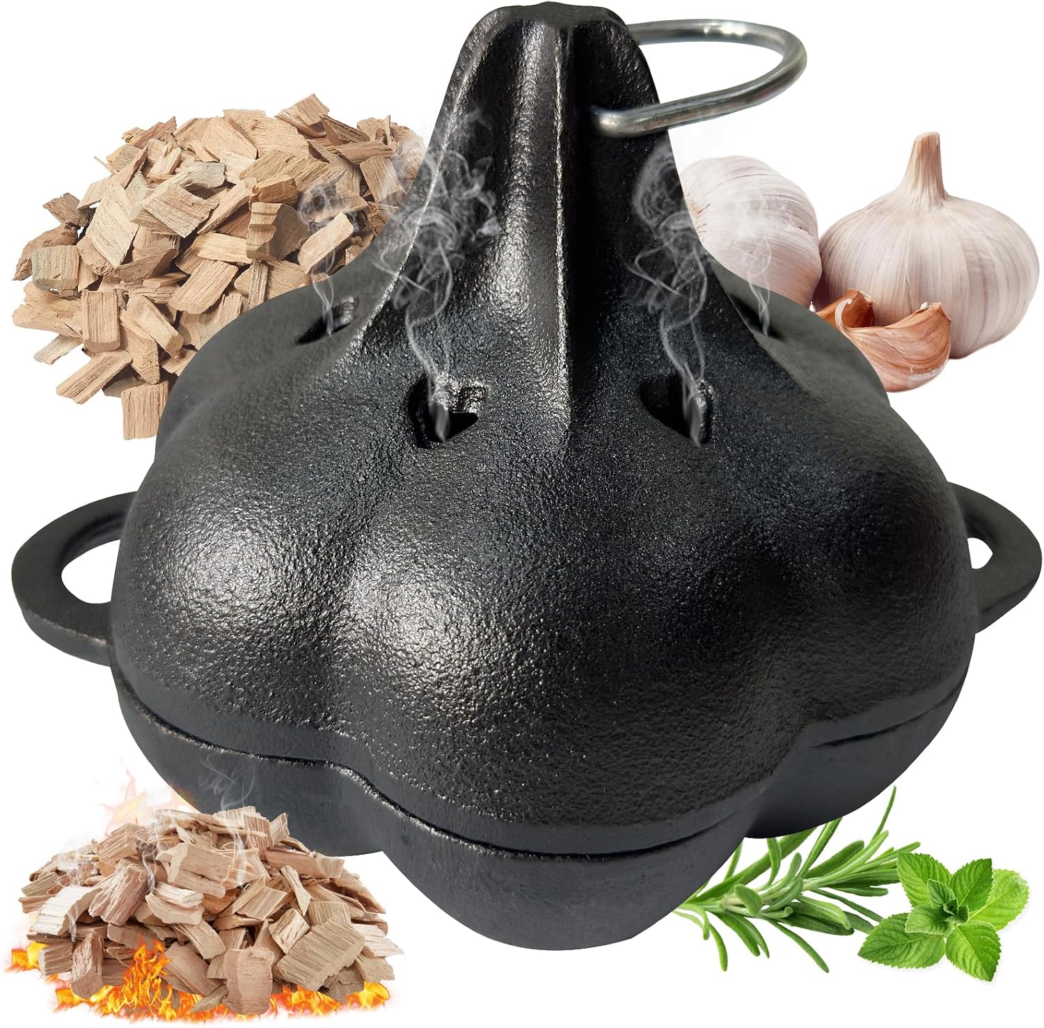 Pre-Seasoned Cast Iron Smoker & Garlic Roaster with Airflow Lid | Wood Chip Smoker Box for BBQ, Oven, Smoky Vegetables & Meats, Grill Smoker Boxes