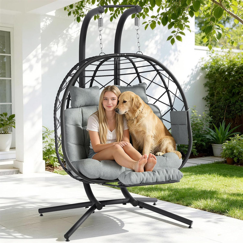 Suteck Double Hanging Egg Chair with Adjustable Footrest & Stand, Grey | Indoor Outdoor 2 Person Hanging Wicker Hammock Swing Chairs, With Cushion, 660lbs Capacity, For Patio, Bedroom, Lawn, Garden