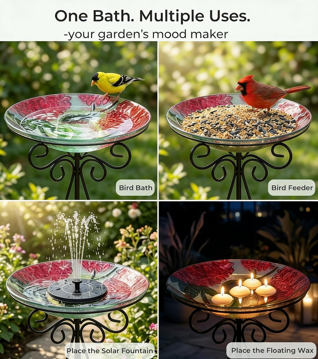 Large Glass Bird Bath with Metal Stand, Hummingbird | 18" Wide Bowl, 3.2" Bathing Depth, Thick Glass Construction, Stable 3-Leg Base, Easy Clean Surface, Garden Decor