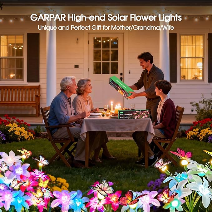 Garpar Solar Lights Outdoor Decorative, Upgraded 4 Pack Flowers with 16 Color Changing Lilies and 12 Butterflies, Brighter Waterproof Garden Decor for Yard Lawn Pathway, Gift for Mom Women Grandma