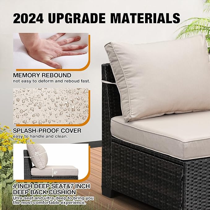 7 Pieces Patio Furniture Set All-Weather Outdoor Wicker Sectional Conversation Sofa Rattan Patio Seating Sofa with Cushion and Glass Table and Ottoman for Porch,Beige